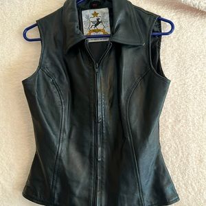 Racy Lady sleeveless black leather vest.Size Med. emblem on back.